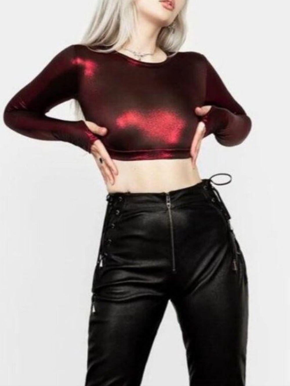 DISTURBIA Shimmery Red Crop Long Sleeve Top - Picture 4 of 4